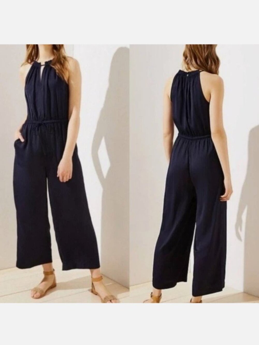 LOFT Silky Keyhole Halter Jumpsuit in Forever Navy Size Large